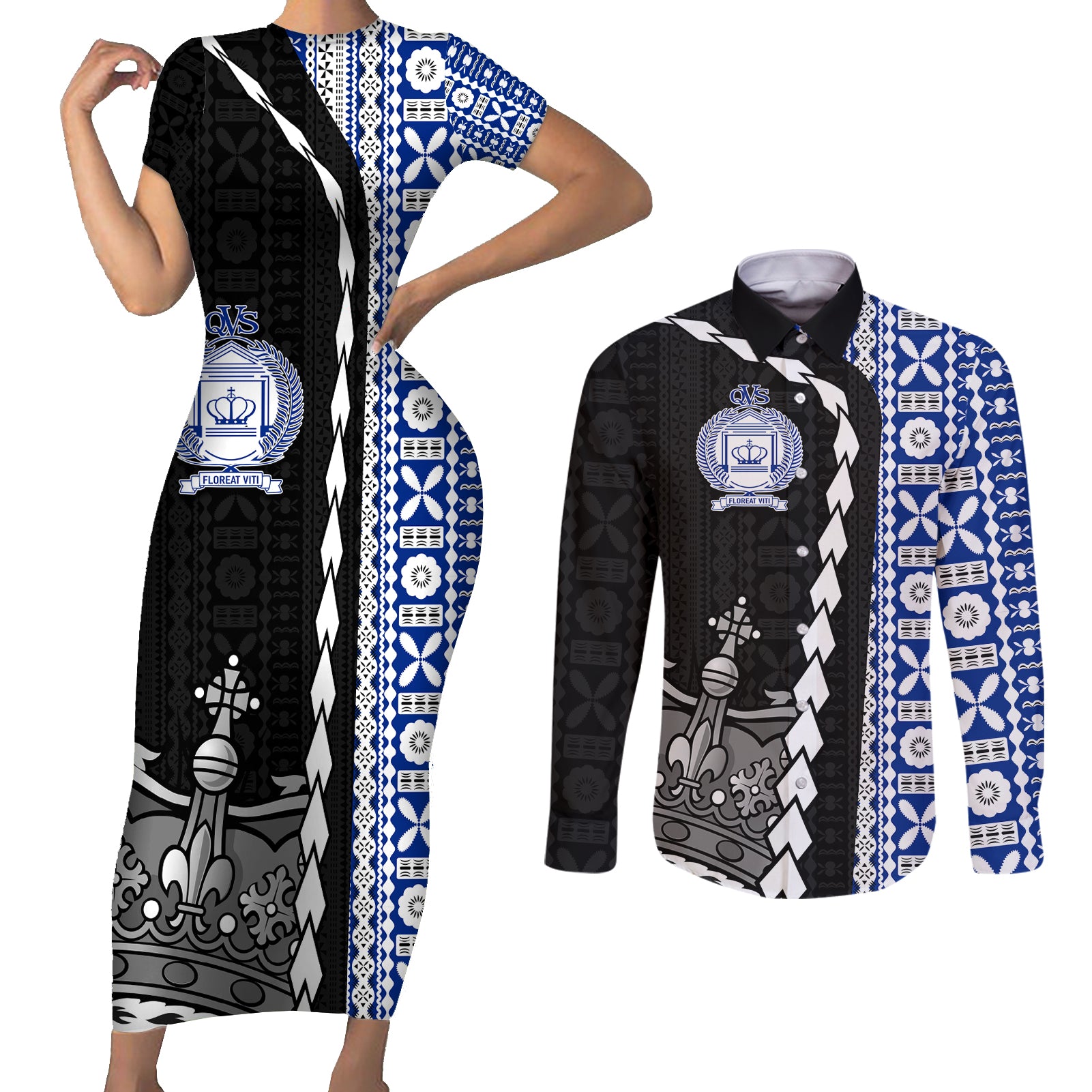 Fiji Queen Victoria School Couples Matching Short Sleeve Bodycon Dress and Long Sleeve Button Shirt Tapa and Polynesian Tribal Pattern Half Style LT03 Black - Polynesian Pride