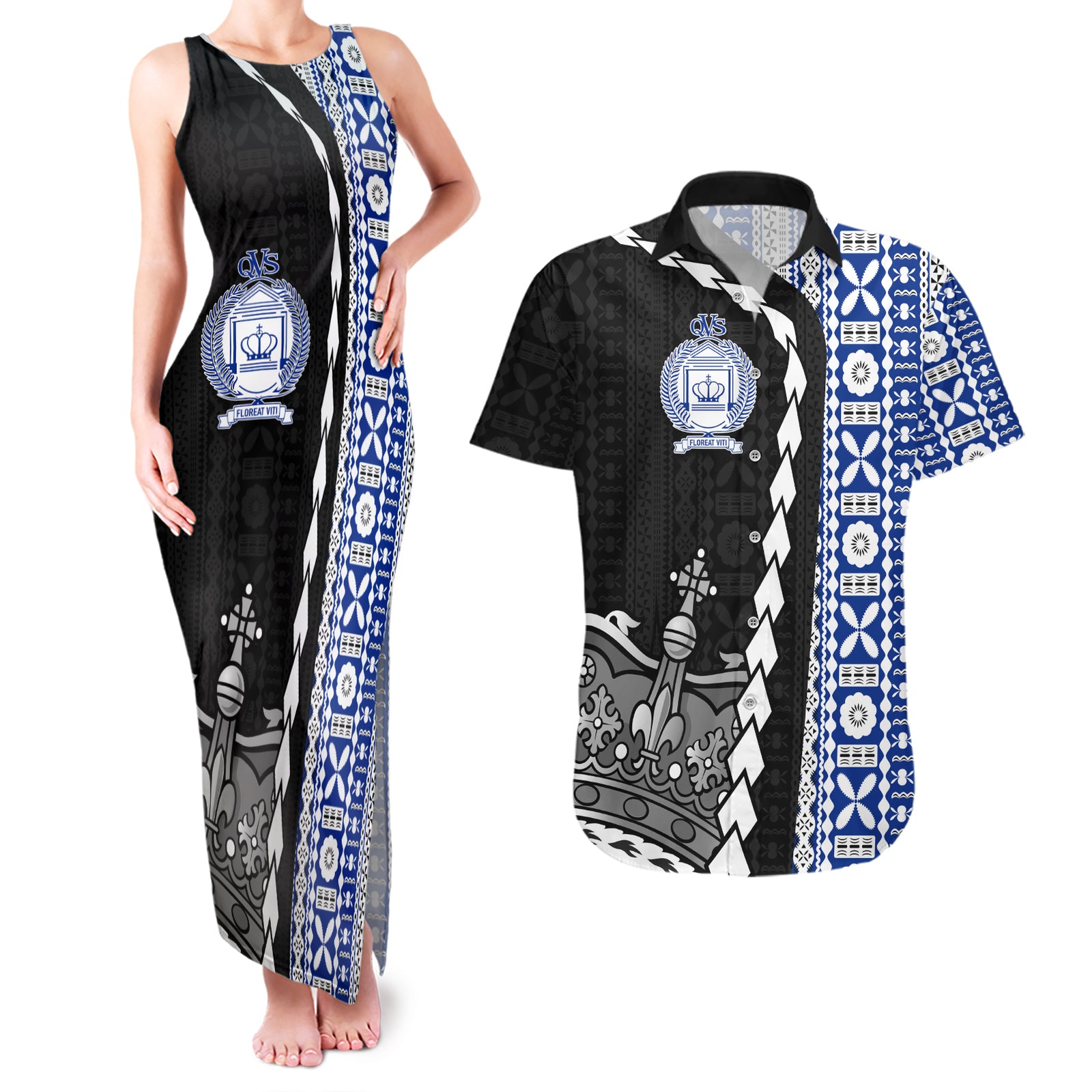 Fiji Queen Victoria School Couples Matching Tank Maxi Dress and Hawaiian Shirt Tapa and Polynesian Tribal Pattern Half Style LT03 Black - Polynesian Pride