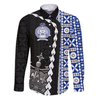 Fiji Queen Victoria School Family Matching Off Shoulder Long Sleeve Dress and Hawaiian Shirt Tapa and Polynesian Tribal Pattern Half Style LT03 Dad's Shirt - Long Sleeve Black - Polynesian Pride