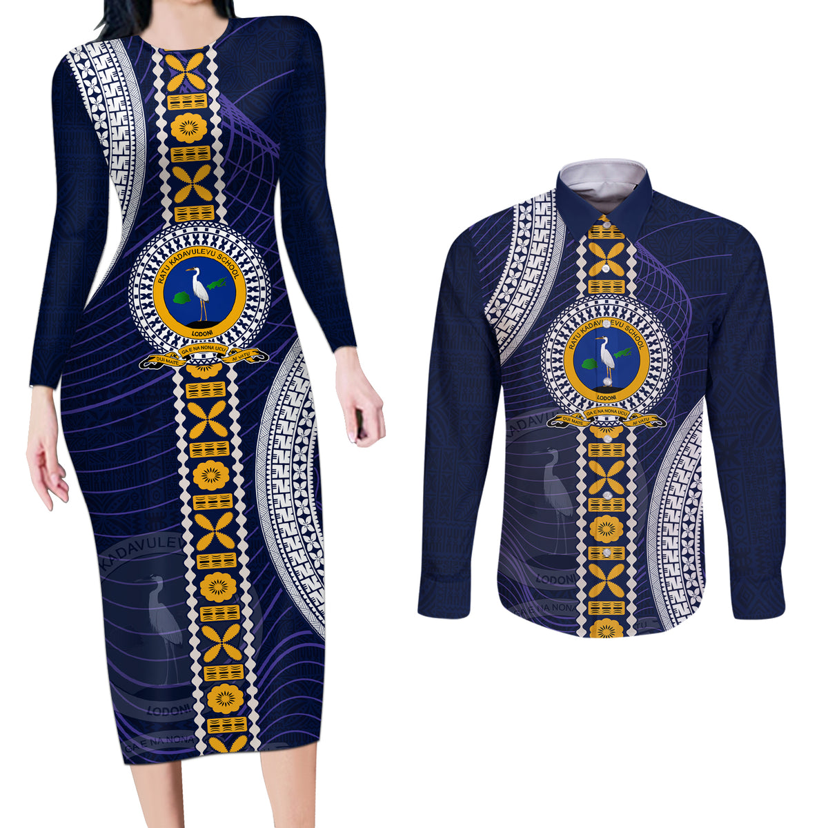 Fiji Ratu Kadavulevu School Couples Matching Long Sleeve Bodycon Dress and Long Sleeve Button Shirt Tapa and Polynesian Tribal Pattern LT03 Blue - Polynesian Pride