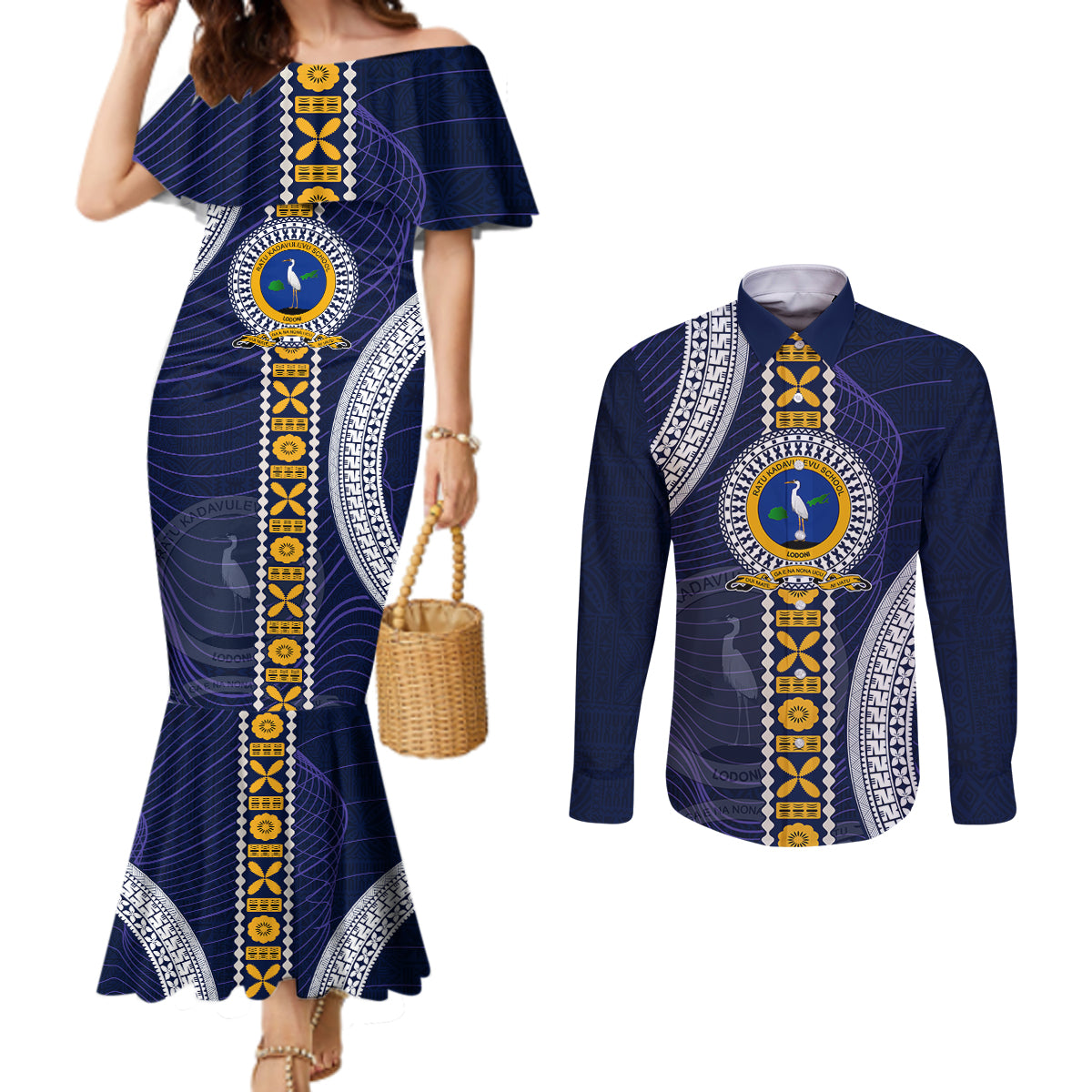 Fiji Ratu Kadavulevu School Couples Matching Mermaid Dress and Long Sleeve Button Shirt Tapa and Polynesian Tribal Pattern LT03 Blue - Polynesian Pride
