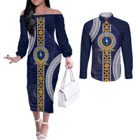 Fiji Ratu Kadavulevu School Couples Matching Off The Shoulder Long Sleeve Dress and Long Sleeve Button Shirt Tapa and Polynesian Tribal Pattern LT03 Blue - Polynesian Pride