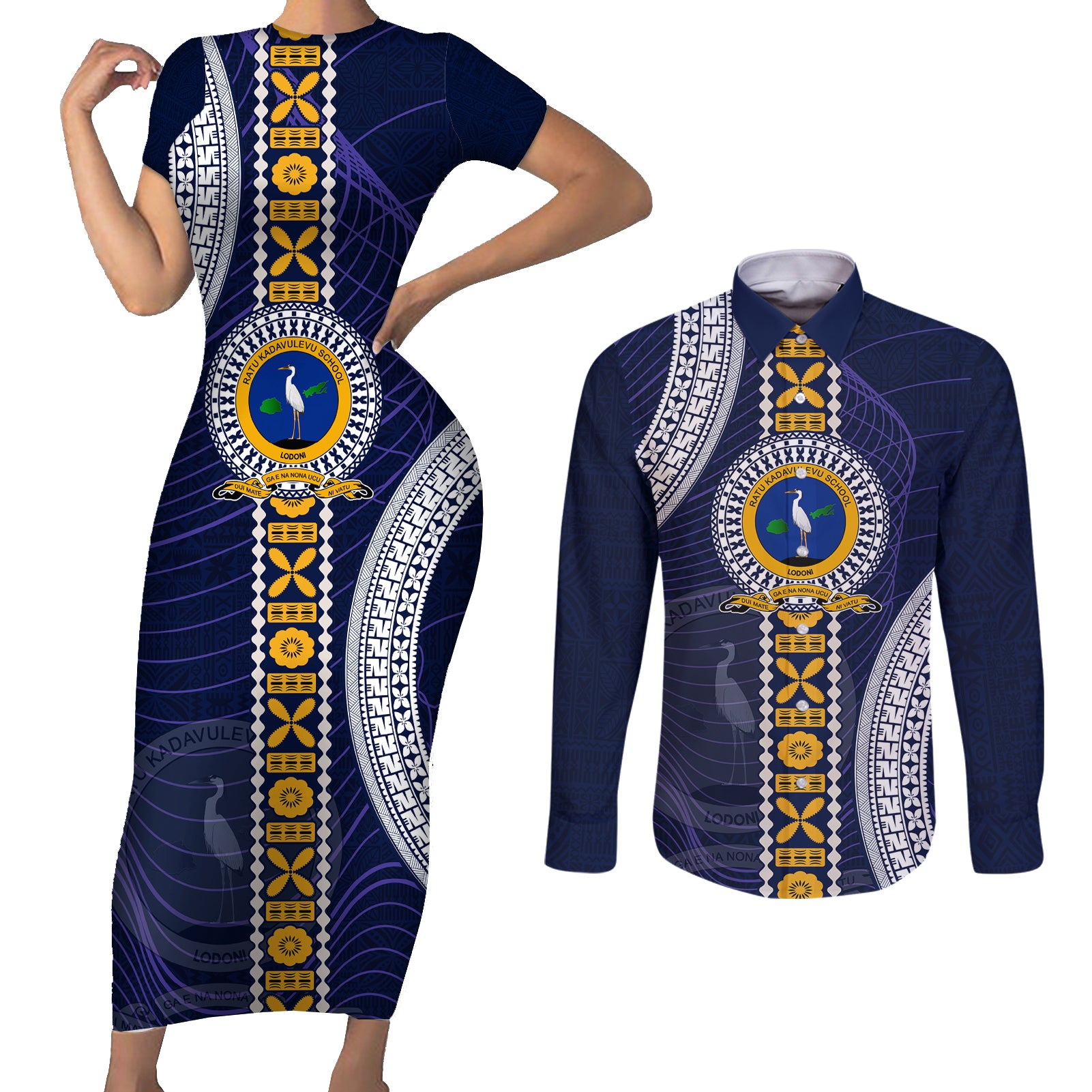 Fiji Ratu Kadavulevu School Couples Matching Short Sleeve Bodycon Dress and Long Sleeve Button Shirt Tapa and Polynesian Tribal Pattern LT03 Blue - Polynesian Pride