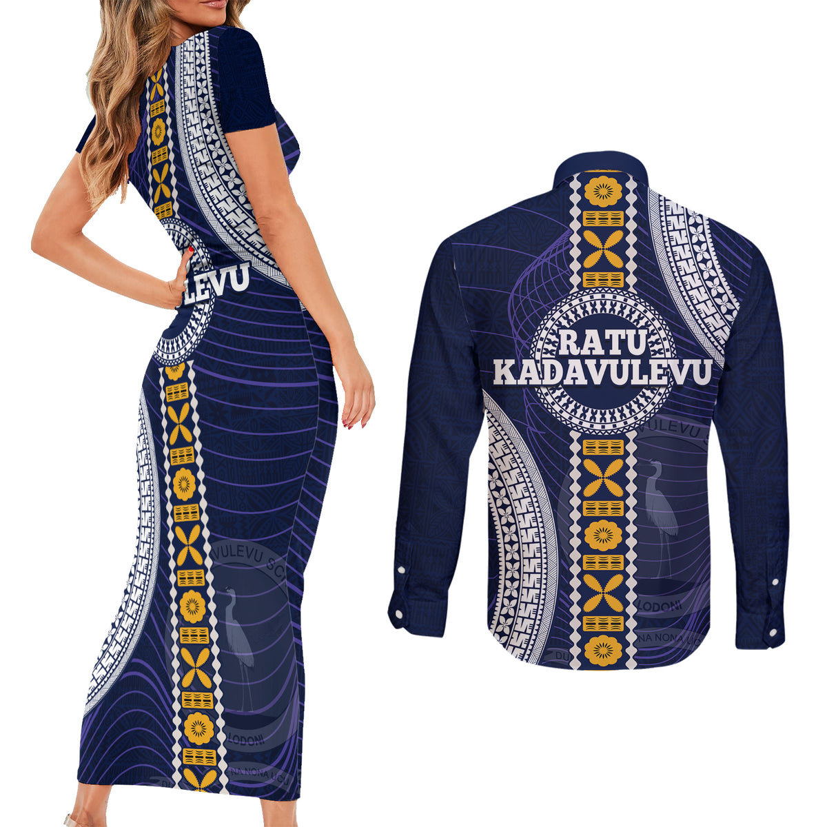 Fiji Ratu Kadavulevu School Couples Matching Short Sleeve Bodycon Dress and Long Sleeve Button Shirt Tapa and Polynesian Tribal Pattern LT03 - Polynesian Pride