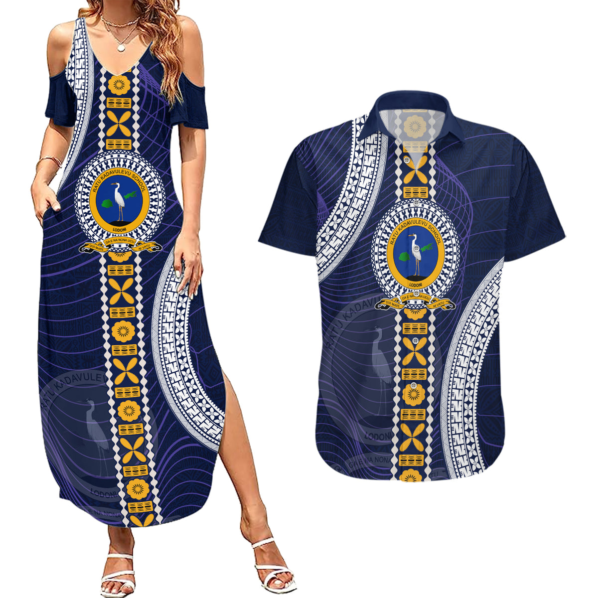 Fiji Ratu Kadavulevu School Couples Matching Summer Maxi Dress and Hawaiian Shirt Tapa and Polynesian Tribal Pattern LT03 Blue - Polynesian Pride