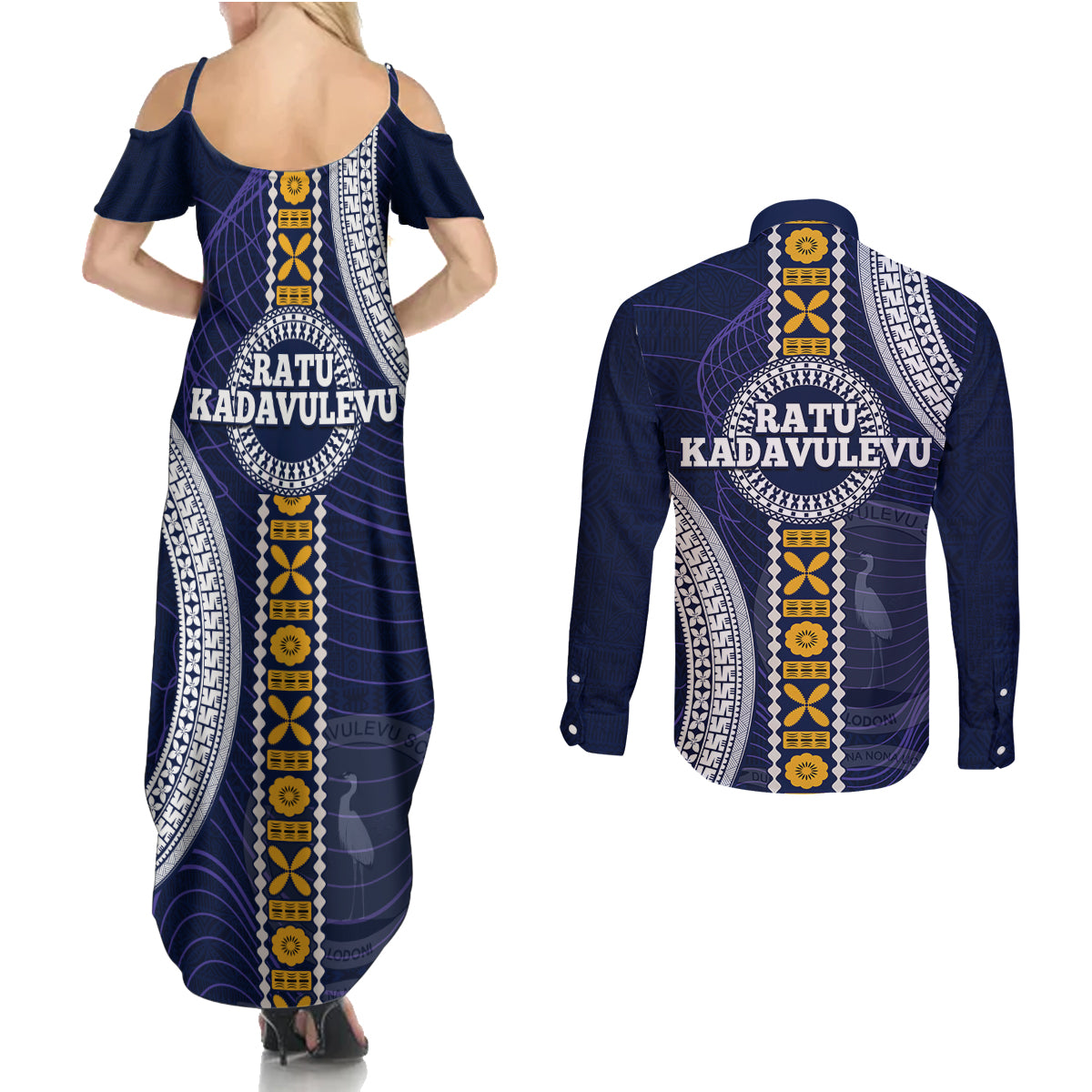 Fiji Ratu Kadavulevu School Couples Matching Summer Maxi Dress and Long Sleeve Button Shirt Tapa and Polynesian Tribal Pattern LT03 - Polynesian Pride