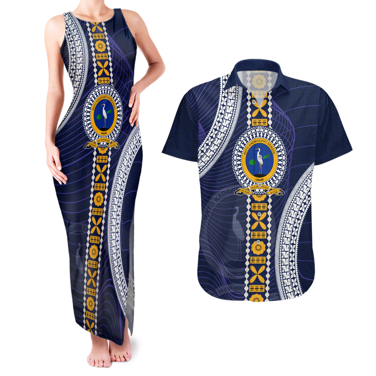Fiji Ratu Kadavulevu School Couples Matching Tank Maxi Dress and Hawaiian Shirt Tapa and Polynesian Tribal Pattern LT03 Blue - Polynesian Pride