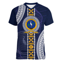 Fiji Ratu Kadavulevu School Women V Neck T Shirt Tapa and Polynesian Tribal Pattern LT03 Female Blue - Polynesian Pride