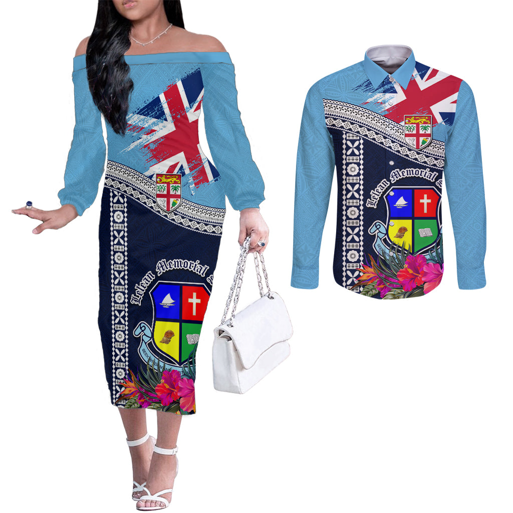 Fiji Lelean Memorial School Couples Matching Off The Shoulder Long Sleeve Dress and Long Sleeve Button Shirt Tapa and Polynesian Tribal Pattern LT03 Blue - Polynesian Pride