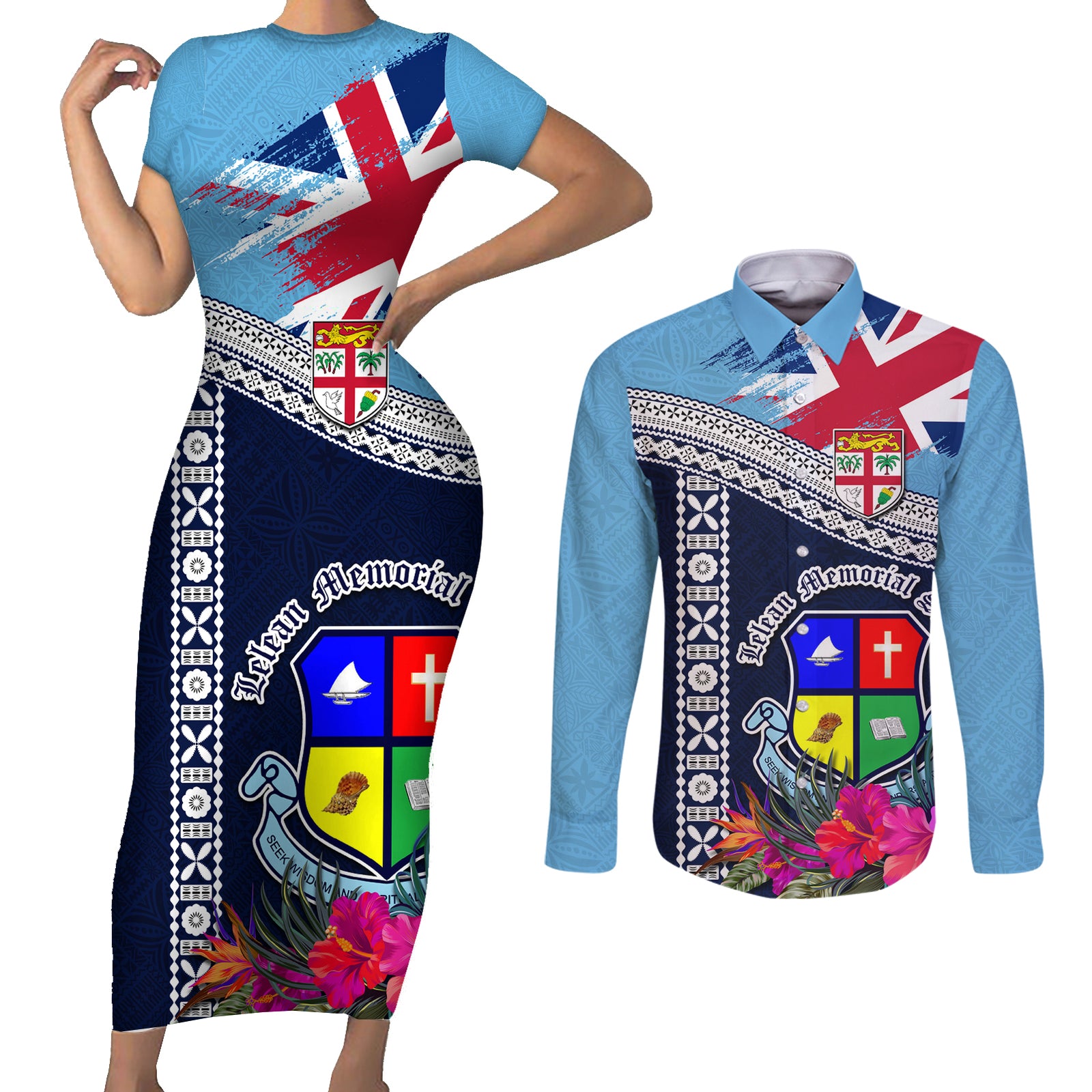 Fiji Lelean Memorial School Couples Matching Short Sleeve Bodycon Dress and Long Sleeve Button Shirt Tapa and Polynesian Tribal Pattern LT03 Blue - Polynesian Pride