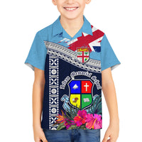 Fiji Lelean Memorial School Family Matching Off Shoulder Long Sleeve Dress and Hawaiian Shirt Tapa and Polynesian Tribal Pattern LT03 Son's Shirt Blue - Polynesian Pride