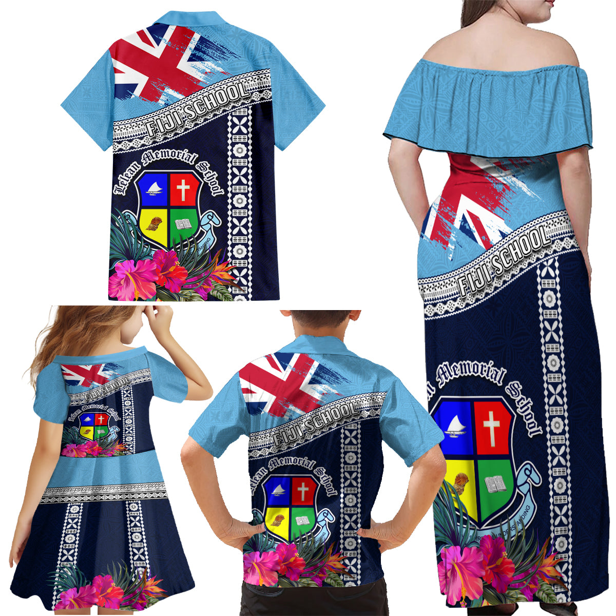 Fiji Lelean Memorial School Family Matching Off Shoulder Maxi Dress and Hawaiian Shirt Tapa and Polynesian Tribal Pattern LT03 - Polynesian Pride