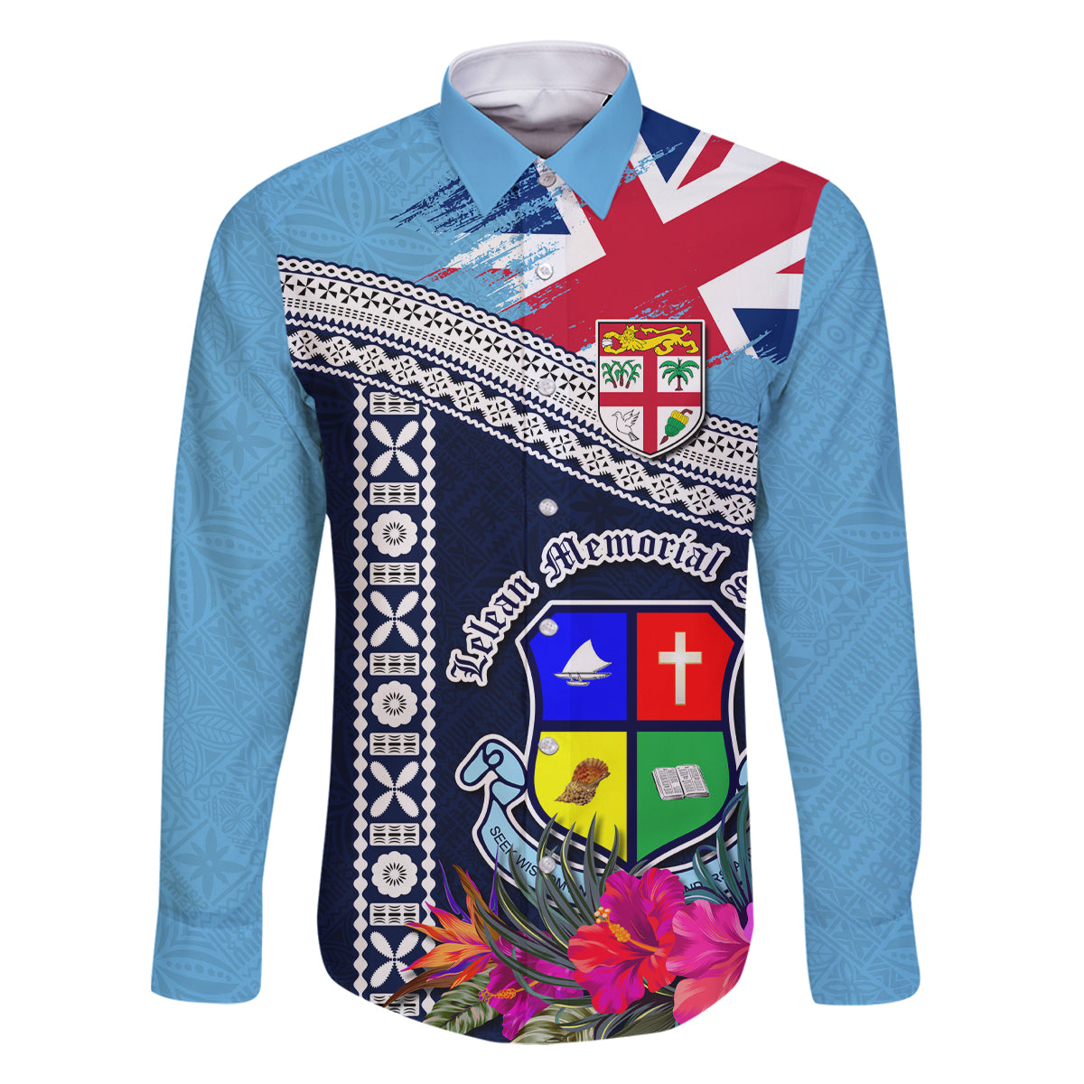 Fiji Lelean Memorial School Family Matching Tank Maxi Dress and Hawaiian Shirt Tapa and Polynesian Tribal Pattern LT03 Dad's Shirt - Long Sleeve Blue - Polynesian Pride