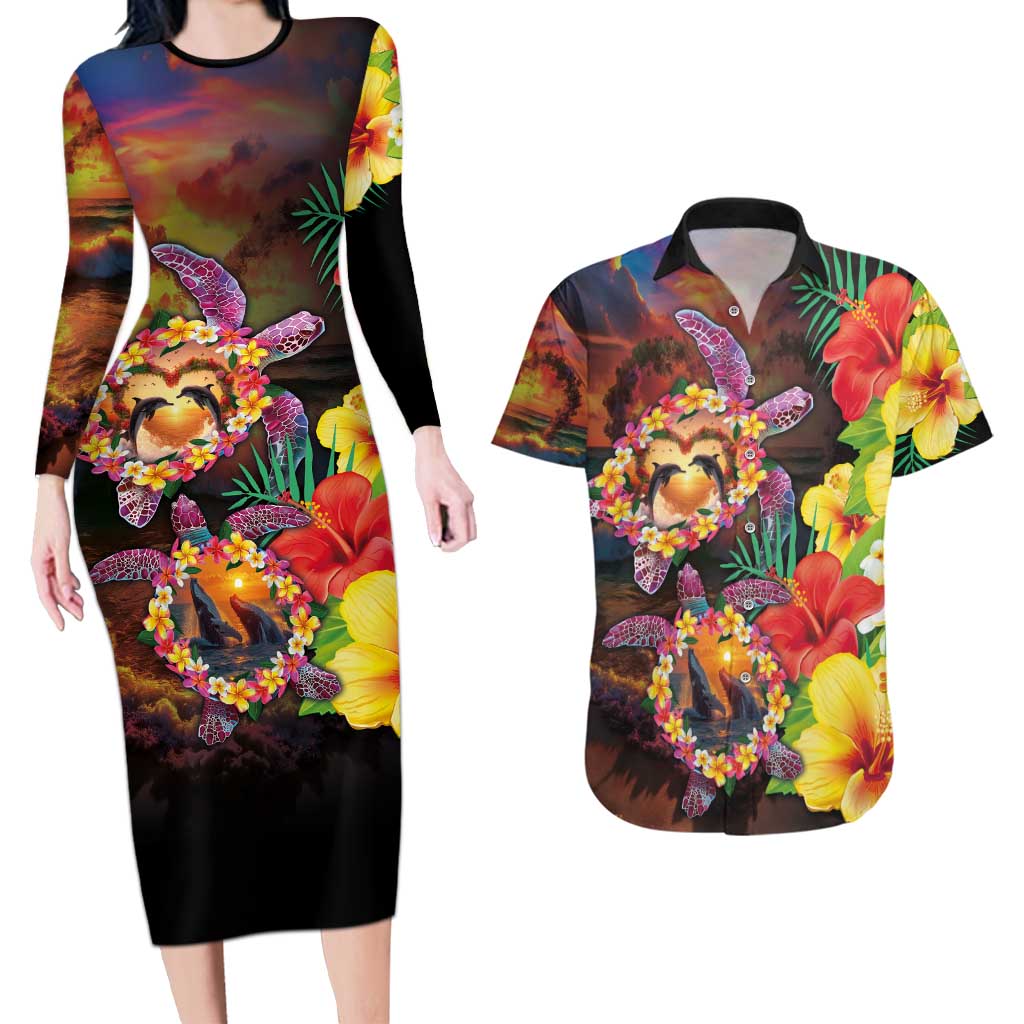 Hawaiian Sea Animals Love Couple Couples Matching Long Sleeve Bodycon Dress and Hawaiian Shirt Aloha Sunset Symphony LT03 Black - Polynesian Pride