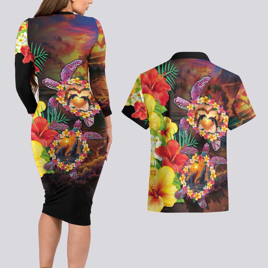 Hawaiian Sea Animals Love Couple Couples Matching Long Sleeve Bodycon Dress and Hawaiian Shirt Aloha Sunset Symphony LT03 - Polynesian Pride