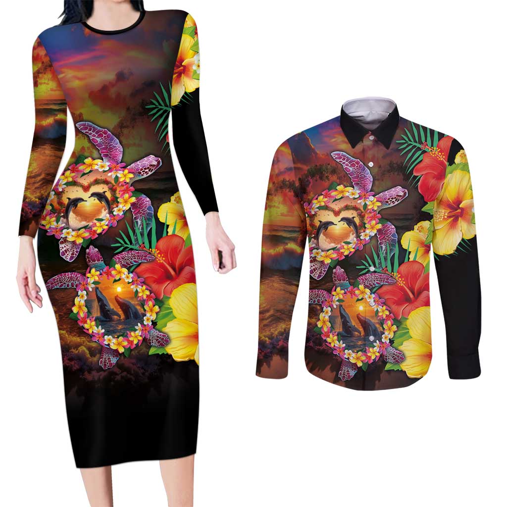 Hawaiian Sea Animals Love Couple Couples Matching Long Sleeve Bodycon Dress and Long Sleeve Button Shirt Aloha Sunset Symphony LT03 Black - Polynesian Pride