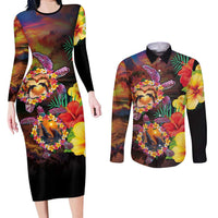 Hawaiian Sea Animals Love Couple Couples Matching Long Sleeve Bodycon Dress and Long Sleeve Button Shirt Aloha Sunset Symphony LT03 Black - Polynesian Pride
