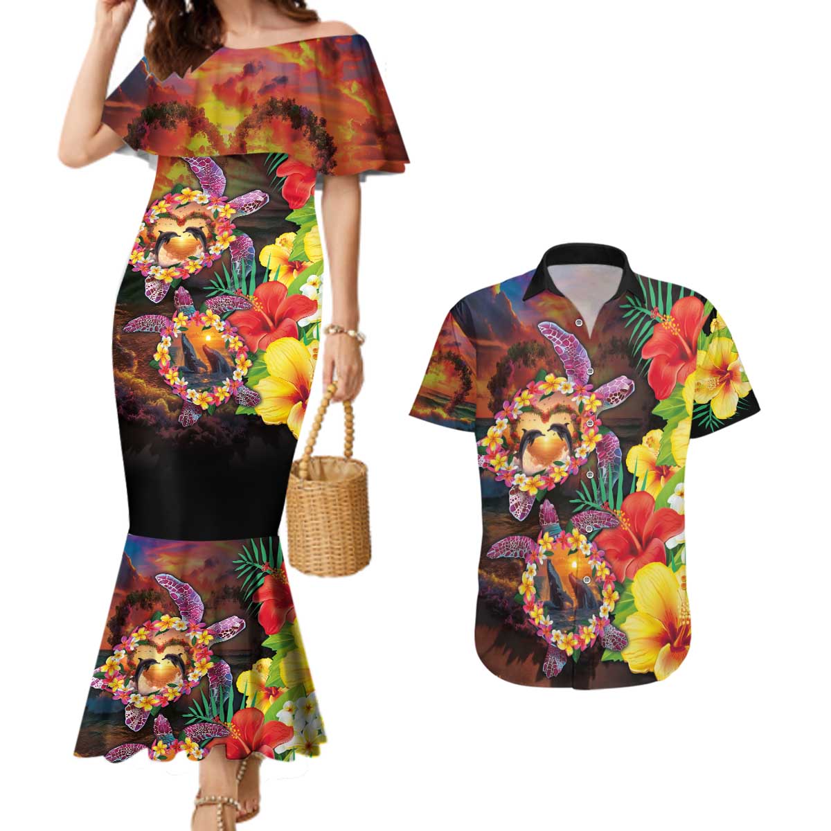 Hawaiian Sea Animals Love Couple Couples Matching Mermaid Dress and Hawaiian Shirt Aloha Sunset Symphony LT03 Black - Polynesian Pride