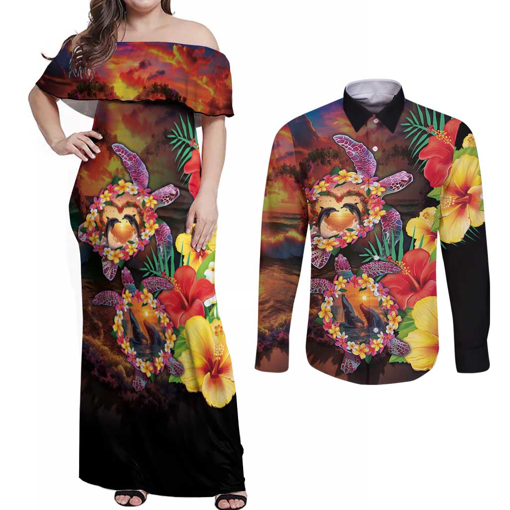 Hawaiian Sea Animals Love Couple Couples Matching Off Shoulder Maxi Dress and Long Sleeve Button Shirt Aloha Sunset Symphony LT03 Black - Polynesian Pride