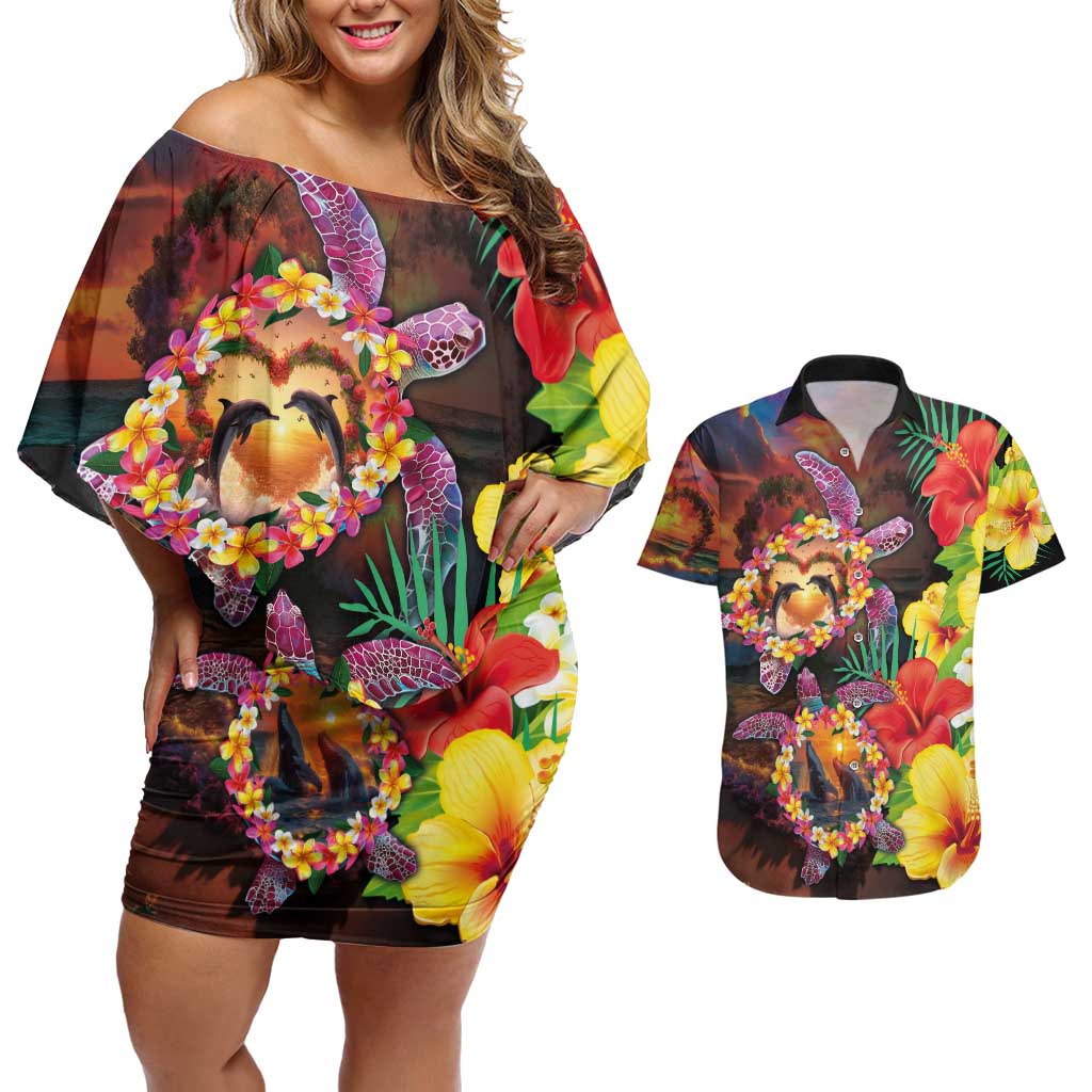Hawaiian Sea Animals Love Couple Couples Matching Off Shoulder Short Dress and Hawaiian Shirt Aloha Sunset Symphony LT03 Black - Polynesian Pride