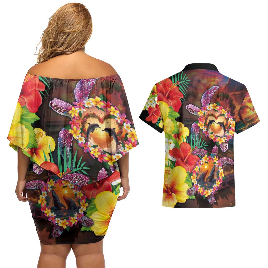 Hawaiian Sea Animals Love Couple Couples Matching Off Shoulder Short Dress and Hawaiian Shirt Aloha Sunset Symphony LT03 - Polynesian Pride