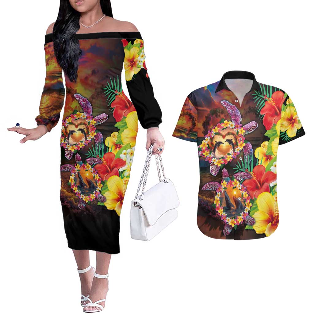 Hawaiian Sea Animals Love Couple Couples Matching Off The Shoulder Long Sleeve Dress and Hawaiian Shirt Aloha Sunset Symphony LT03 Black - Polynesian Pride