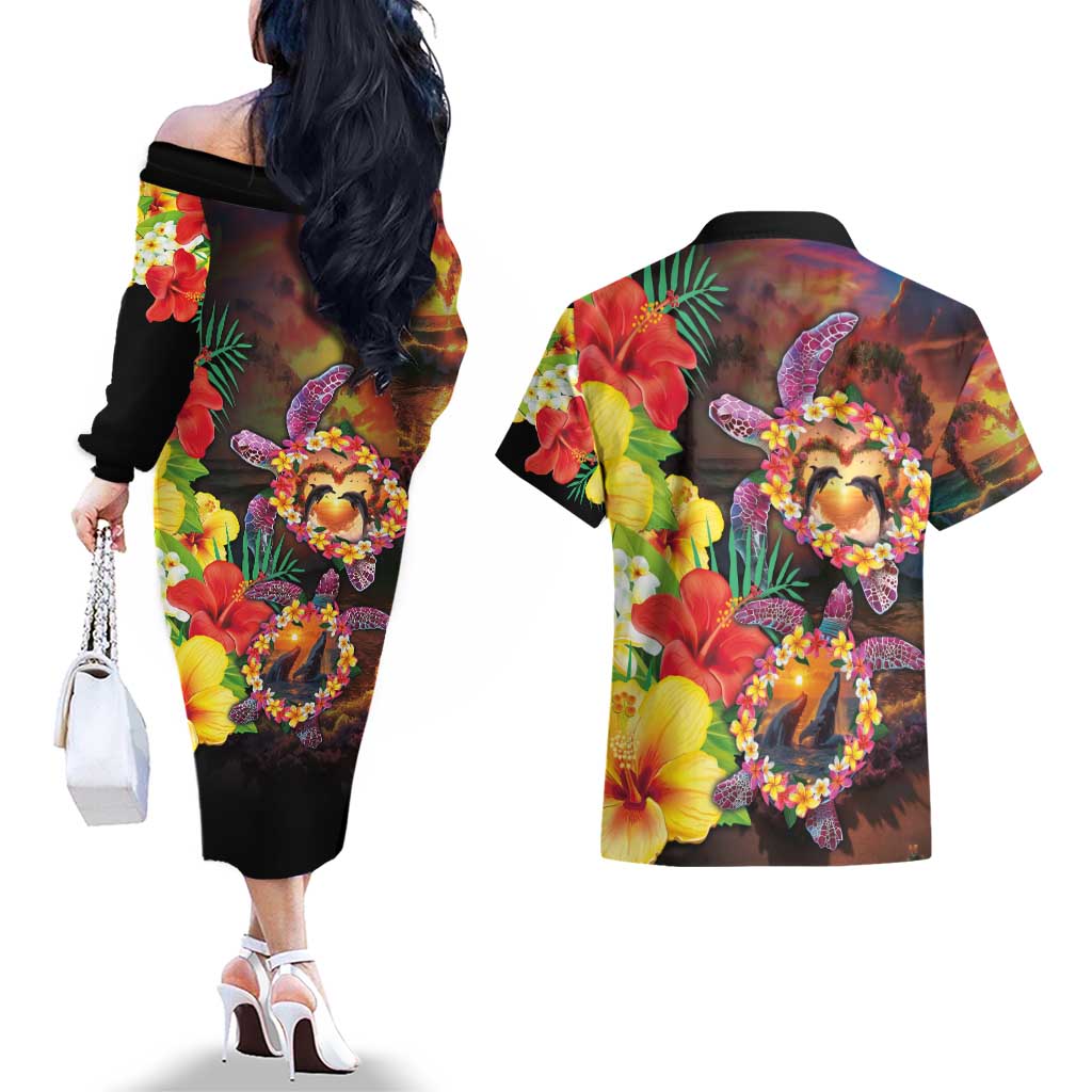 Hawaiian Sea Animals Love Couple Couples Matching Off The Shoulder Long Sleeve Dress and Hawaiian Shirt Aloha Sunset Symphony LT03 - Polynesian Pride