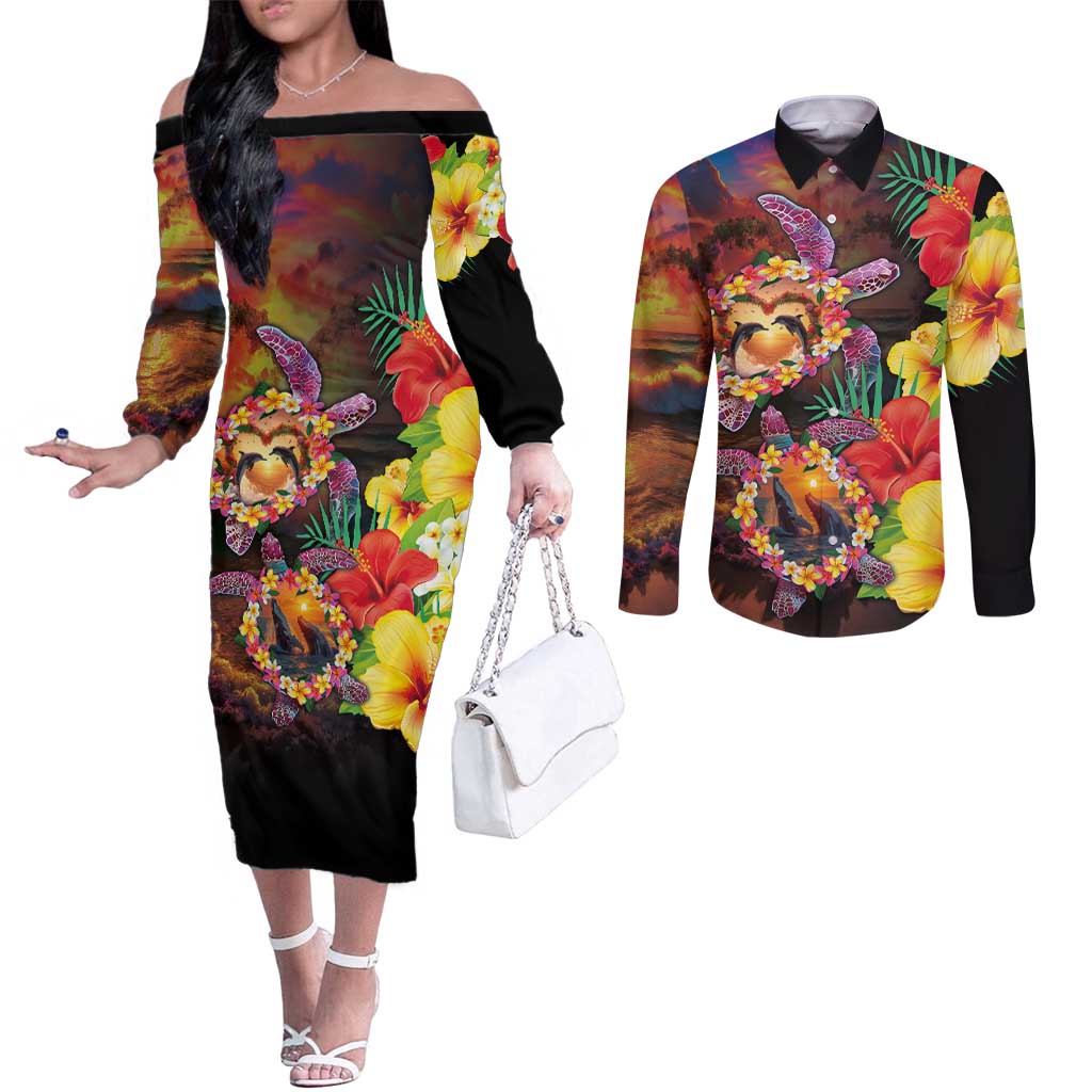 Hawaiian Sea Animals Love Couple Couples Matching Off The Shoulder Long Sleeve Dress and Long Sleeve Button Shirt Aloha Sunset Symphony LT03 Black - Polynesian Pride