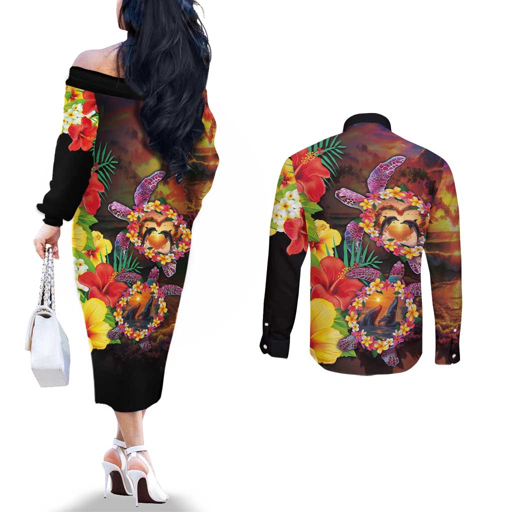 Hawaiian Sea Animals Love Couple Couples Matching Off The Shoulder Long Sleeve Dress and Long Sleeve Button Shirt Aloha Sunset Symphony LT03 - Polynesian Pride