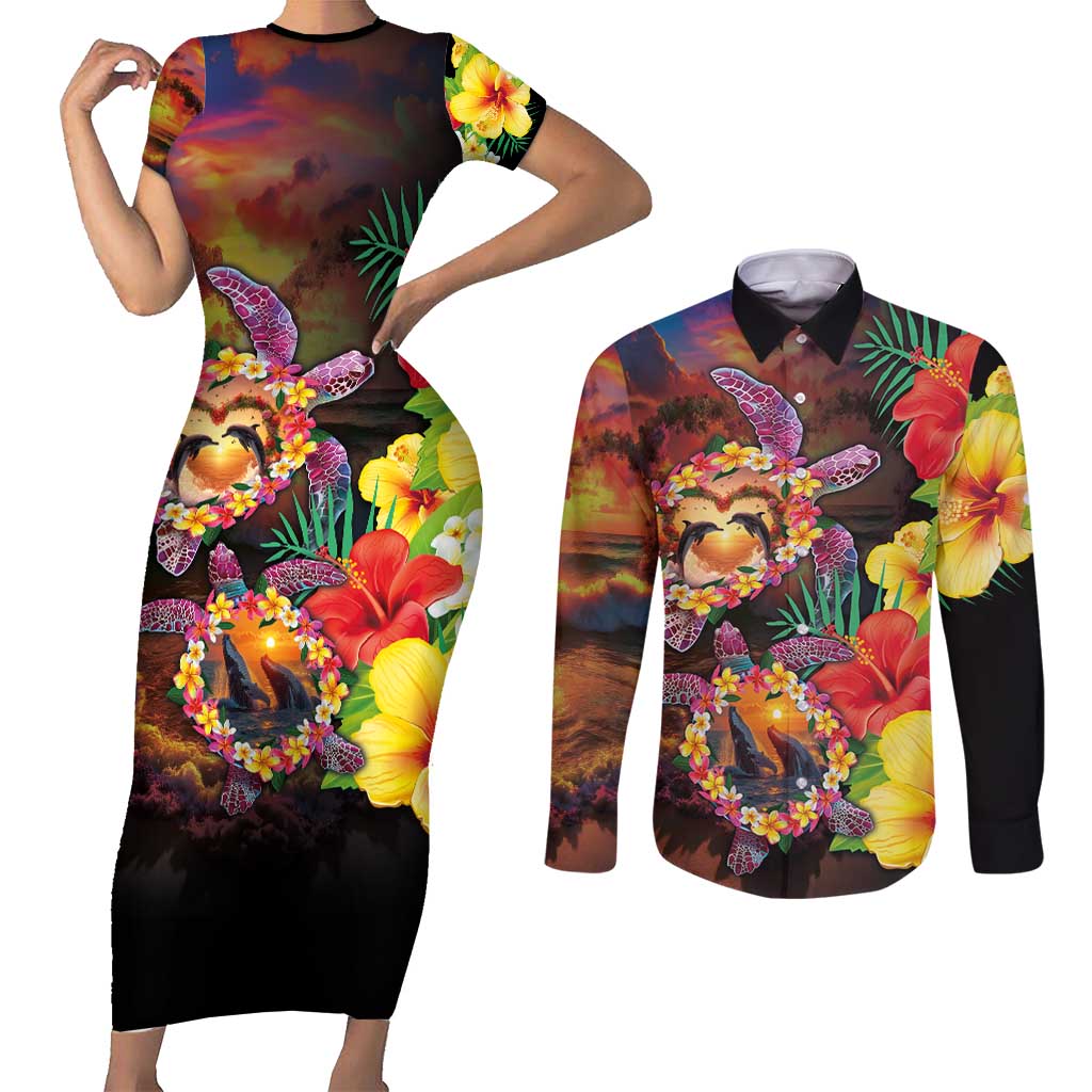 Hawaiian Sea Animals Love Couple Couples Matching Short Sleeve Bodycon Dress and Long Sleeve Button Shirt Aloha Sunset Symphony LT03 Black - Polynesian Pride