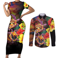 Hawaiian Sea Animals Love Couple Couples Matching Short Sleeve Bodycon Dress and Long Sleeve Button Shirt Aloha Sunset Symphony LT03 Black - Polynesian Pride
