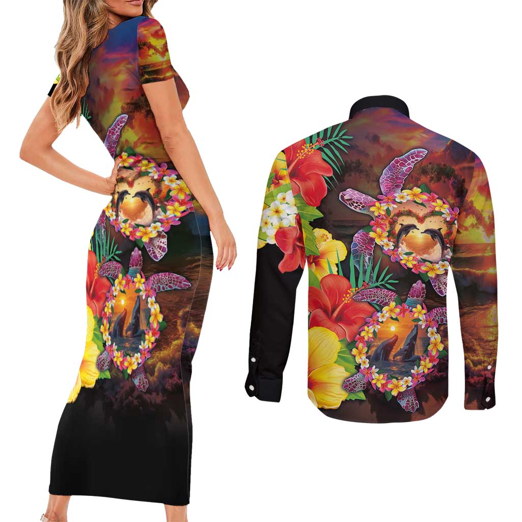 Hawaiian Sea Animals Love Couple Couples Matching Short Sleeve Bodycon Dress and Long Sleeve Button Shirt Aloha Sunset Symphony LT03 - Polynesian Pride