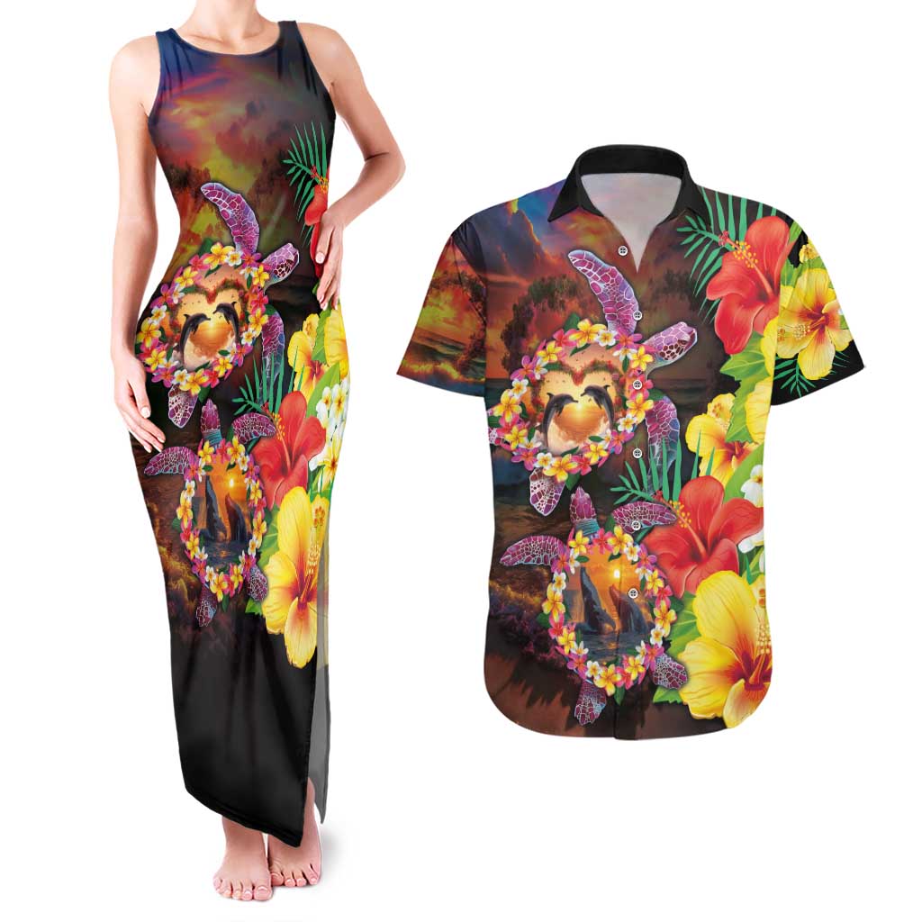 Hawaiian Sea Animals Love Couple Couples Matching Tank Maxi Dress and Hawaiian Shirt Aloha Sunset Symphony LT03 Black - Polynesian Pride