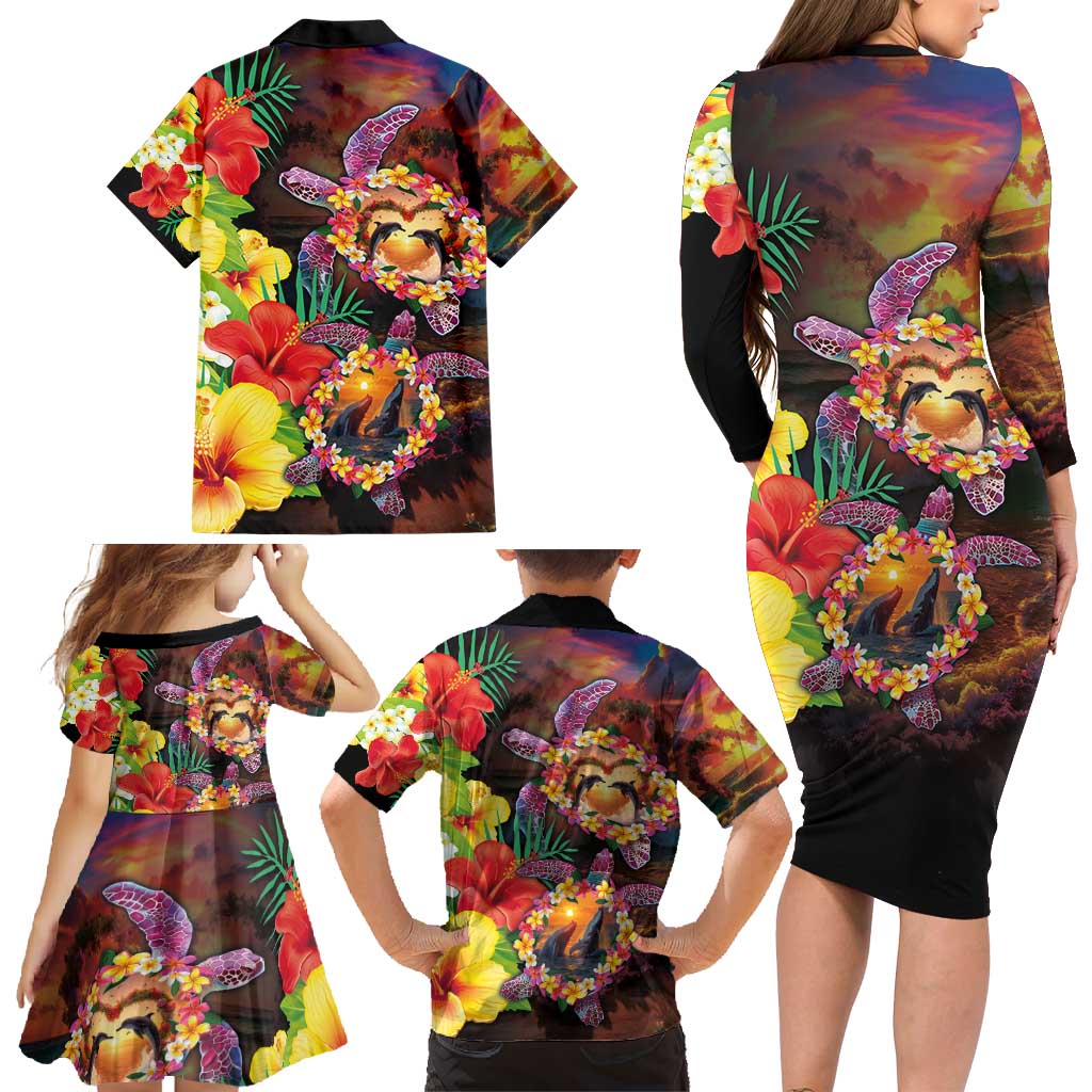 Hawaiian Sea Animals Love Couple Family Matching Long Sleeve Bodycon Dress and Hawaiian Shirt Aloha Sunset Symphony LT03 - Polynesian Pride