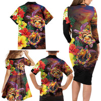 Hawaiian Sea Animals Love Couple Family Matching Long Sleeve Bodycon Dress and Hawaiian Shirt Aloha Sunset Symphony LT03 - Polynesian Pride