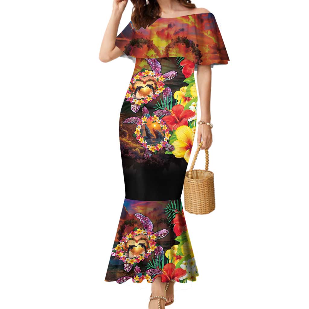Hawaiian Sea Animals Love Couple Family Matching Mermaid Dress and Hawaiian Shirt Aloha Sunset Symphony LT03 Mom's Dress Black - Polynesian Pride
