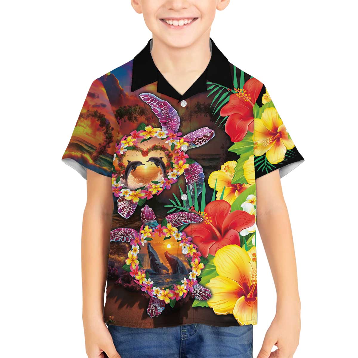 Hawaiian Sea Animals Love Couple Family Matching Off The Shoulder Long Sleeve Dress and Hawaiian Shirt Aloha Sunset Symphony LT03 Son's Shirt Black - Polynesian Pride