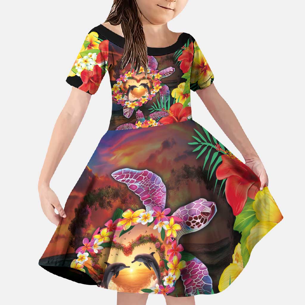Hawaiian Sea Animals Love Couple Family Matching Off Shoulder Maxi Dress and Hawaiian Shirt Aloha Sunset Symphony LT03 Daughter's Dress Black - Polynesian Pride