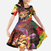 Hawaiian Sea Animals Love Couple Family Matching Off Shoulder Maxi Dress and Hawaiian Shirt Aloha Sunset Symphony LT03 Daughter's Dress Black - Polynesian Pride
