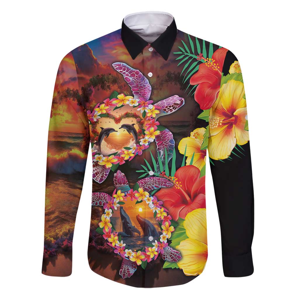 Hawaiian Sea Animals Love Couple Family Matching Off Shoulder Maxi Dress and Hawaiian Shirt Aloha Sunset Symphony LT03 Dad's Shirt - Long Sleeve Black - Polynesian Pride