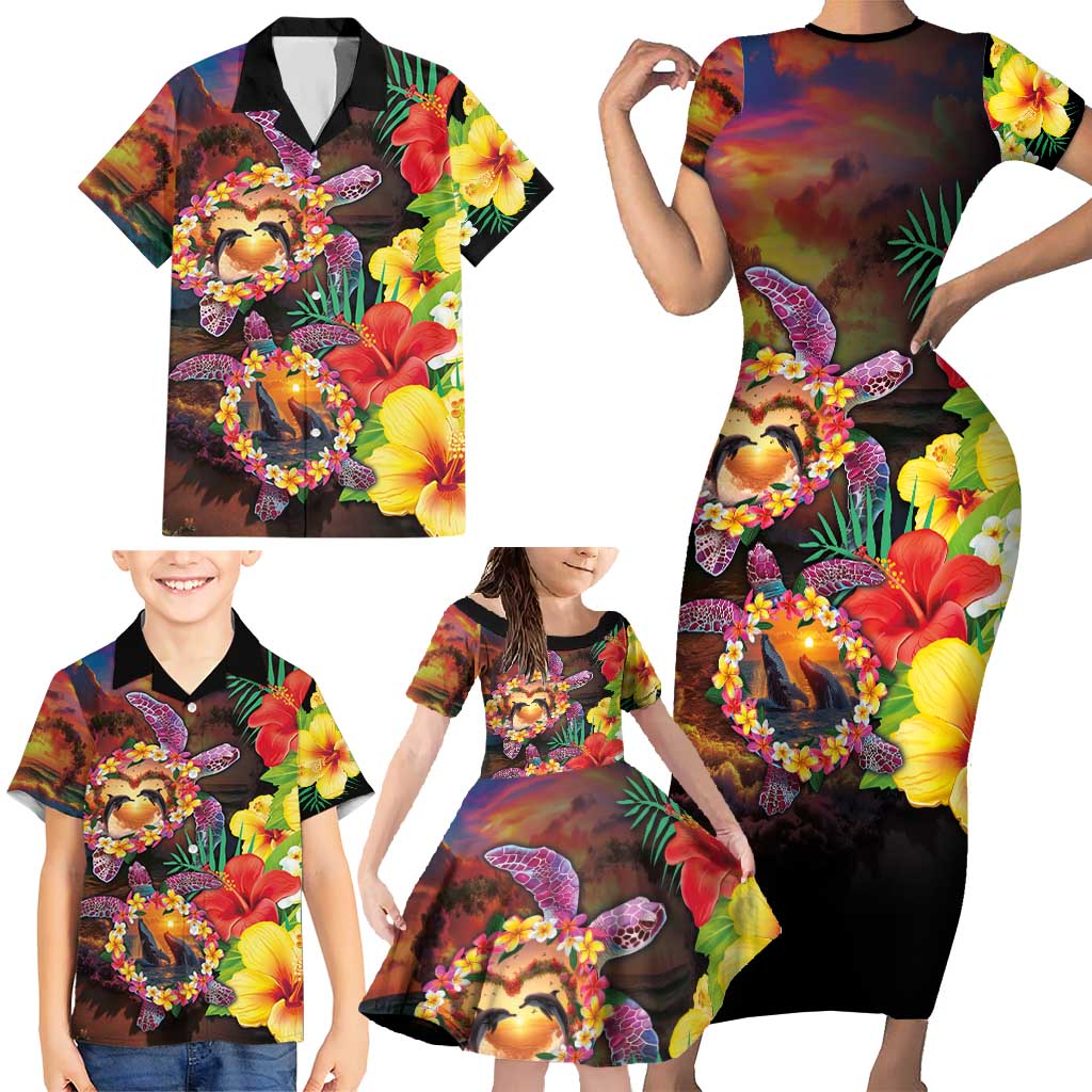 Hawaiian Sea Animals Love Couple Family Matching Short Sleeve Bodycon Dress and Hawaiian Shirt Aloha Sunset Symphony LT03 - Polynesian Pride