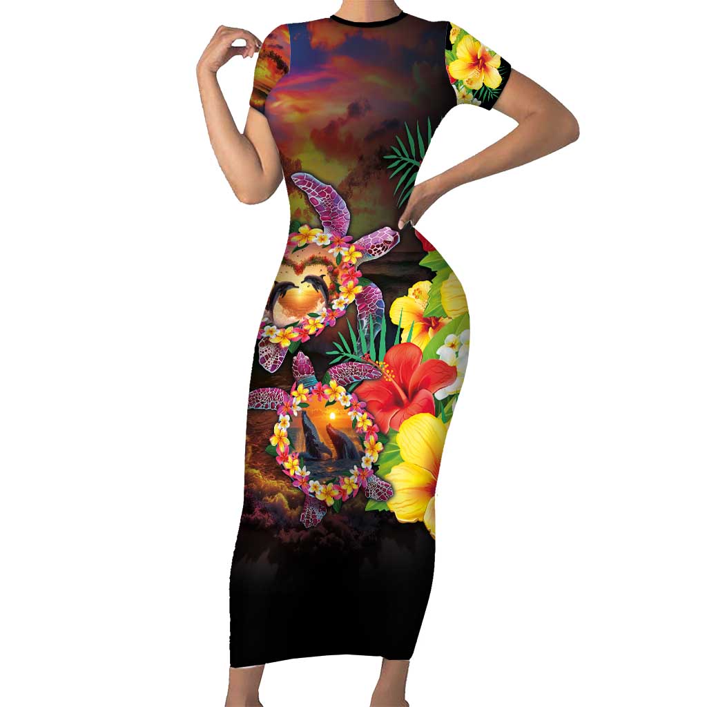 Hawaiian Sea Animals Love Couple Family Matching Short Sleeve Bodycon Dress and Hawaiian Shirt Aloha Sunset Symphony LT03 Mom's Dress Black - Polynesian Pride