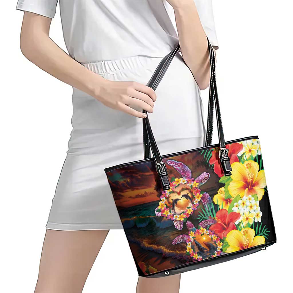 Hawaiian Sea Animals Love Couple Leather Tote Bag Aloha Sunset Symphony