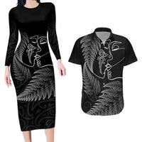 New Zealand Valentine's Day Couples Matching Long Sleeve Bodycon Dress and Hawaiian Shirt Silver Fern and Line Art Love Couple LT03 Black - Polynesian Pride
