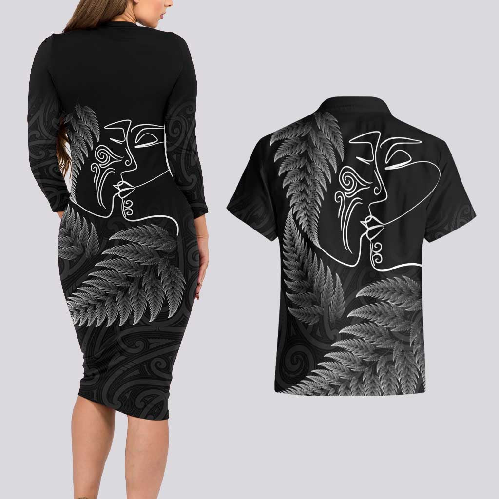 New Zealand Valentine's Day Couples Matching Long Sleeve Bodycon Dress and Hawaiian Shirt Silver Fern and Line Art Love Couple LT03 - Polynesian Pride