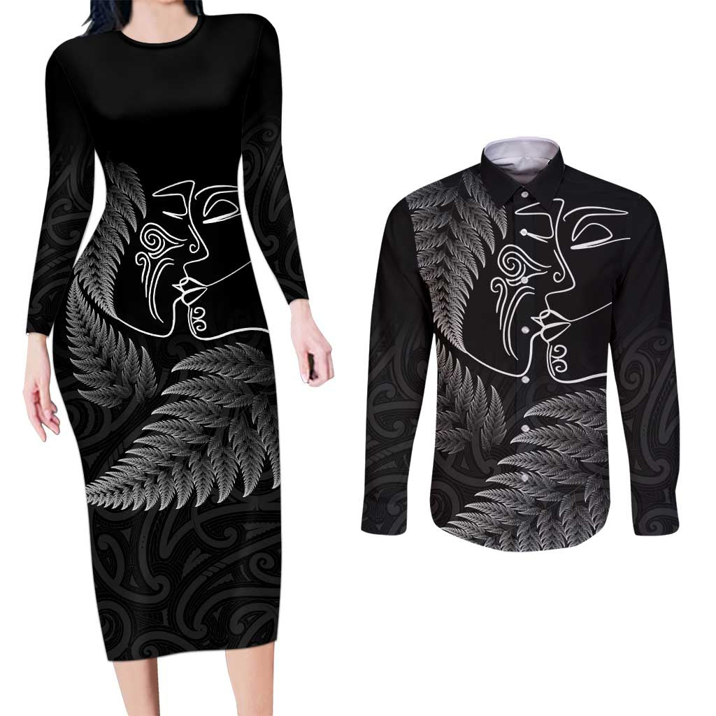 New Zealand Valentine's Day Couples Matching Long Sleeve Bodycon Dress and Long Sleeve Button Shirt Silver Fern and Line Art Love Couple LT03 Black - Polynesian Pride