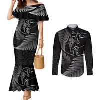 New Zealand Valentine's Day Couples Matching Mermaid Dress and Long Sleeve Button Shirt Silver Fern and Line Art Love Couple LT03 Black - Polynesian Pride