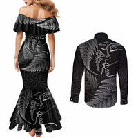 New Zealand Valentine's Day Couples Matching Mermaid Dress and Long Sleeve Button Shirt Silver Fern and Line Art Love Couple LT03 - Polynesian Pride