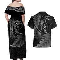 New Zealand Valentine's Day Couples Matching Off Shoulder Maxi Dress and Hawaiian Shirt Silver Fern and Line Art Love Couple LT03 - Polynesian Pride