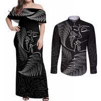 New Zealand Valentine's Day Couples Matching Off Shoulder Maxi Dress and Long Sleeve Button Shirt Silver Fern and Line Art Love Couple LT03 Black - Polynesian Pride